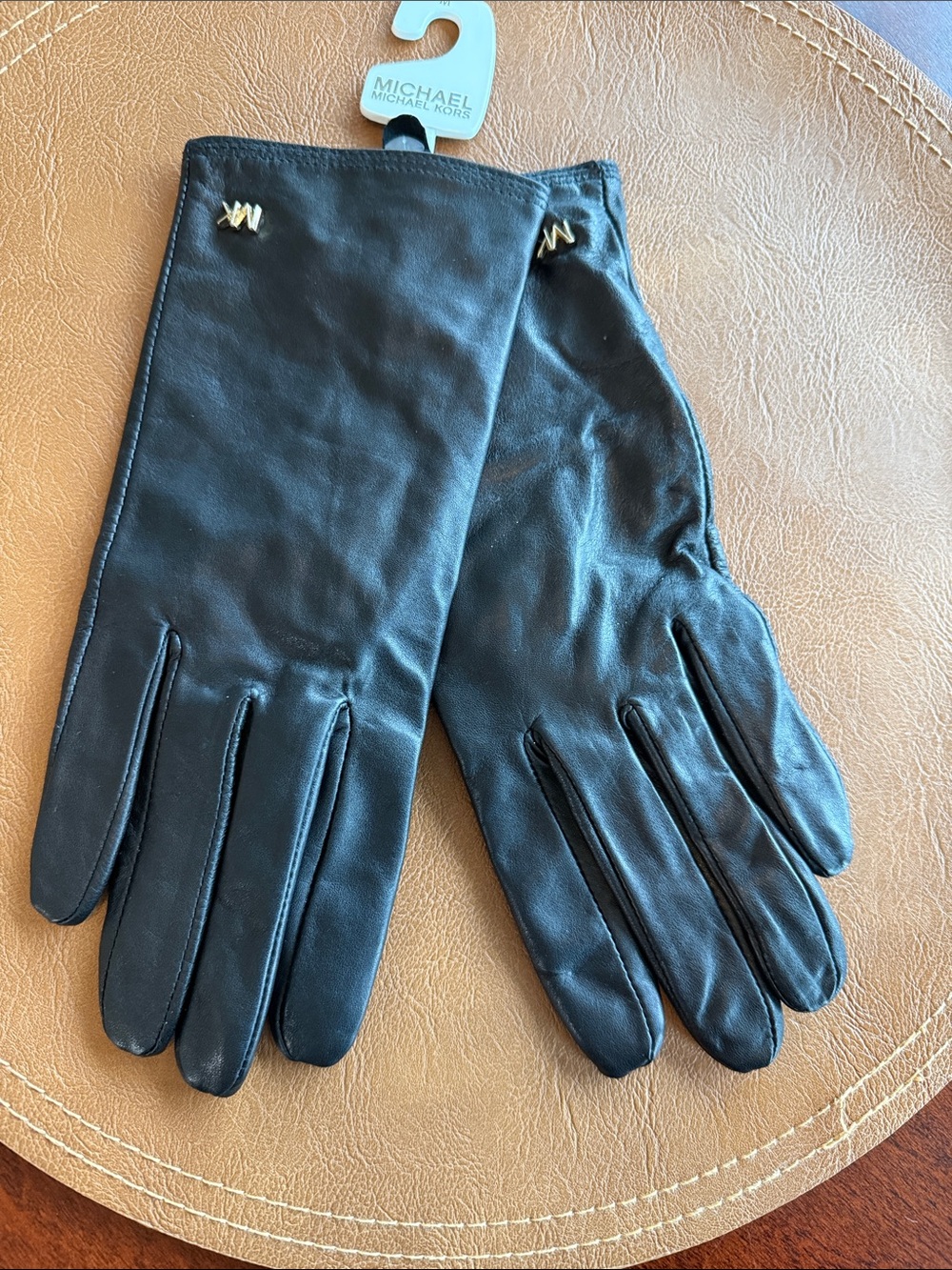 Michael Kors Black Leather Tech Gloves with Gold MK Accent Winter Chic